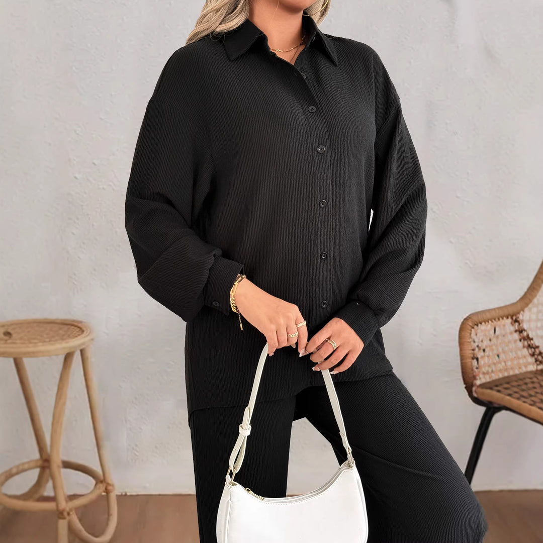 Damen Geripptes Oversize-Hemd mit Hemdkragen und Ballonärmeln Shop Nory