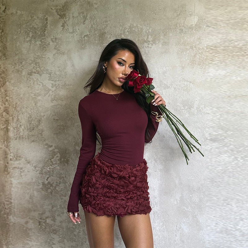 Damen figurbetontes Langarm-Minikleid mit 3D-Rosenapplikation Shop Nory