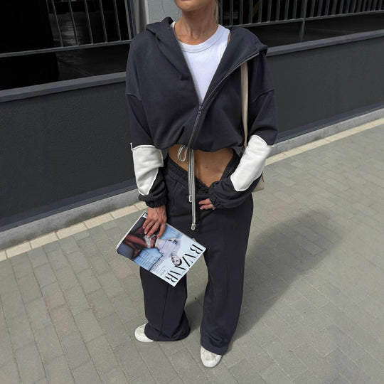 Damen weite hochgeschnittene Jogginghose mit sichtbarer Bügelfalte und Elastikbund Shop Nory