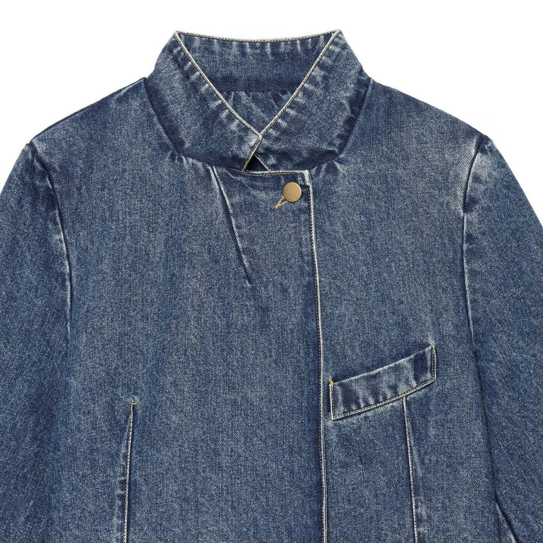 Damen Boxy Cropped Jeansjacke mit Stehkragen und dreiviertel Ärmeln Shop Nory