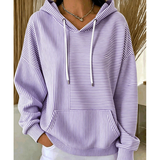 Damen Oversize Kapuzenpullover mit feinem Streifenprint, Kängurutasche und V-Ausschnitt-Kapuze Shop Nory