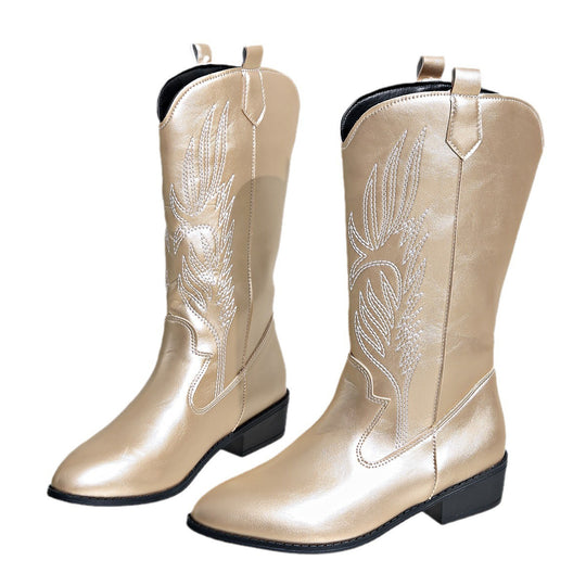 Damen Cowgirl-Kniehoher Stiefel mit dekorativer Stickerei, Pull‑Tabs und komfortablem Blockabsatz Shop Nory