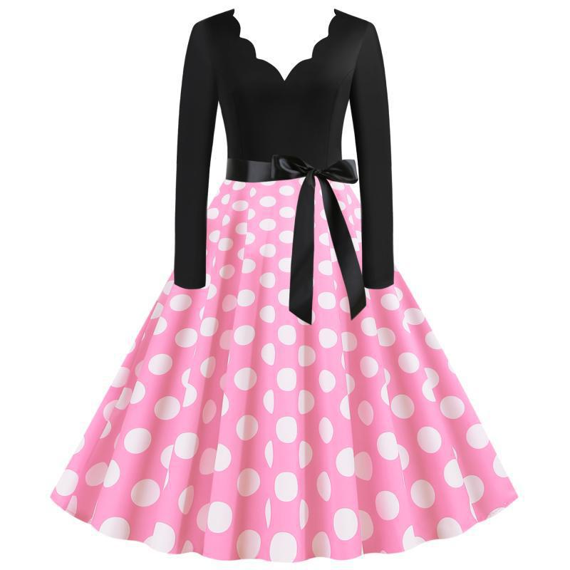 Damen Retro-Swingkleid mit langen Ärmeln tailliertem Oberteil gepunktetem Tellerrock und Schleifengürtel Shop Nory