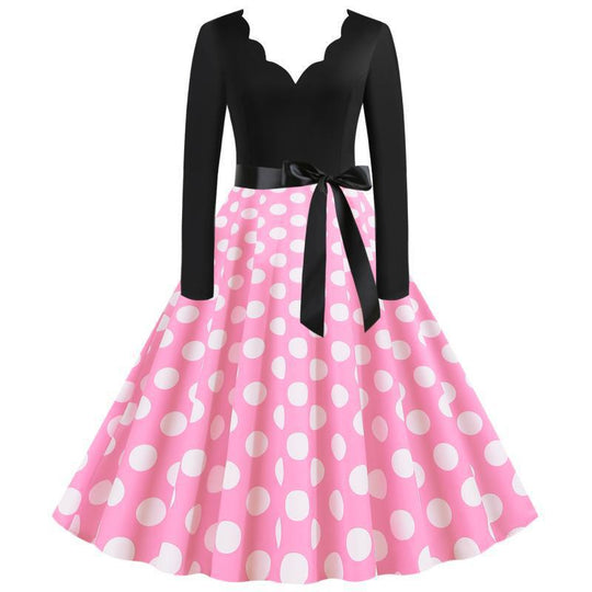 Damen Retro-Swingkleid mit langen Ärmeln tailliertem Oberteil gepunktetem Tellerrock und Schleifengürtel Shop Nory
