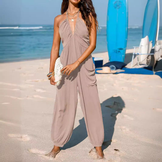 Damen lässiger Jumpsuit mit tiefem Ausschnitt und praktischen Taschen