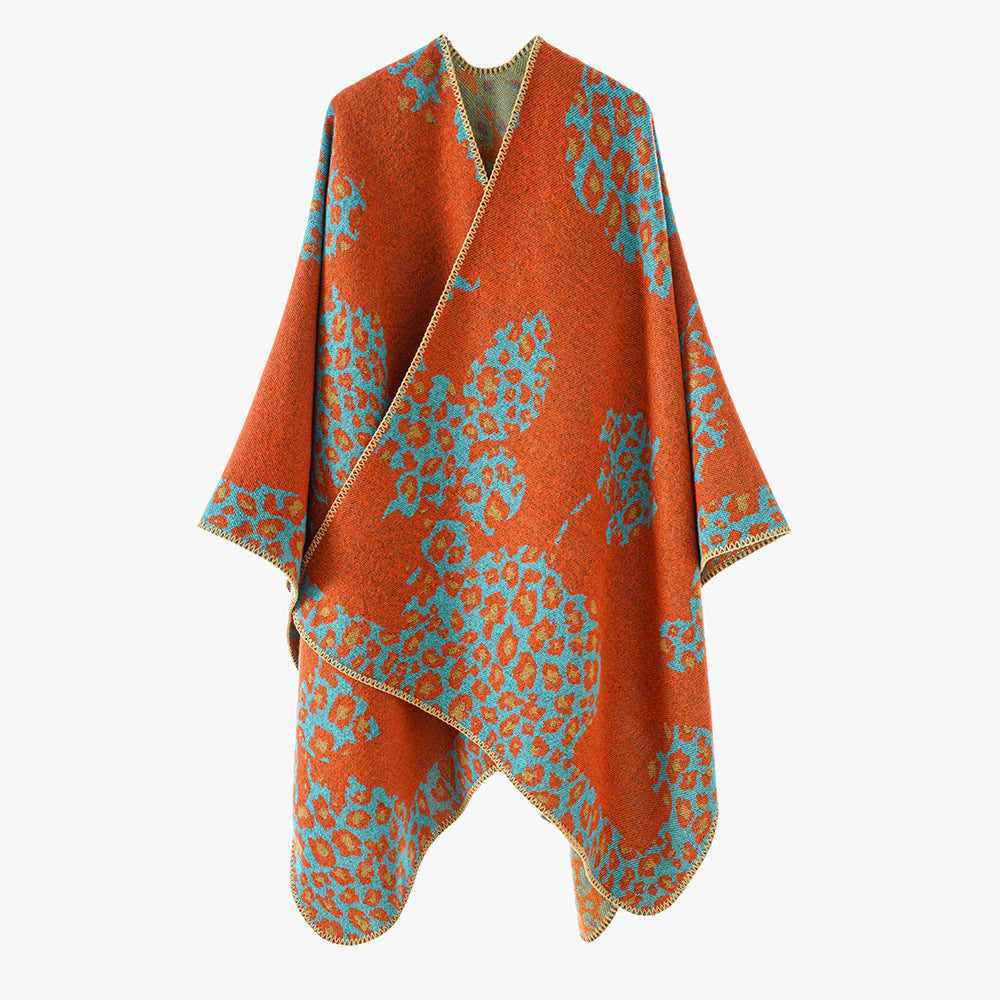 Damen Wolloptik-Überwurf mit gewebtem Leopard-Jacquard und offenem Zipfelrand Shop Nory