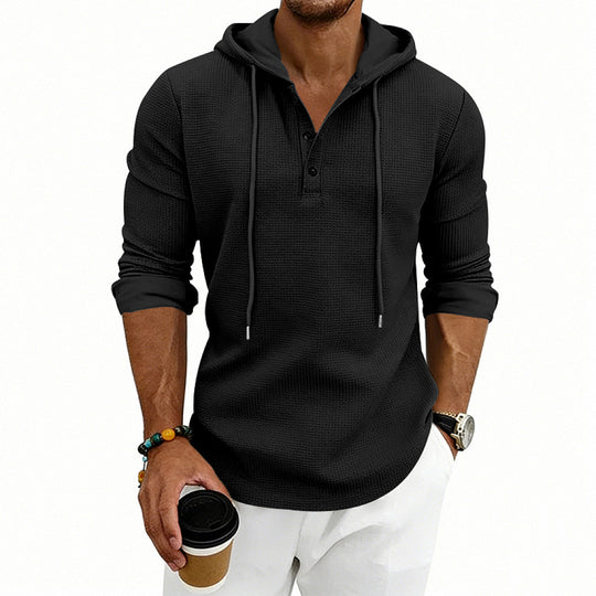 Herren Waffelstrick-Henley-Hoodie mit Knopfleiste und Kapuze Shop Nory