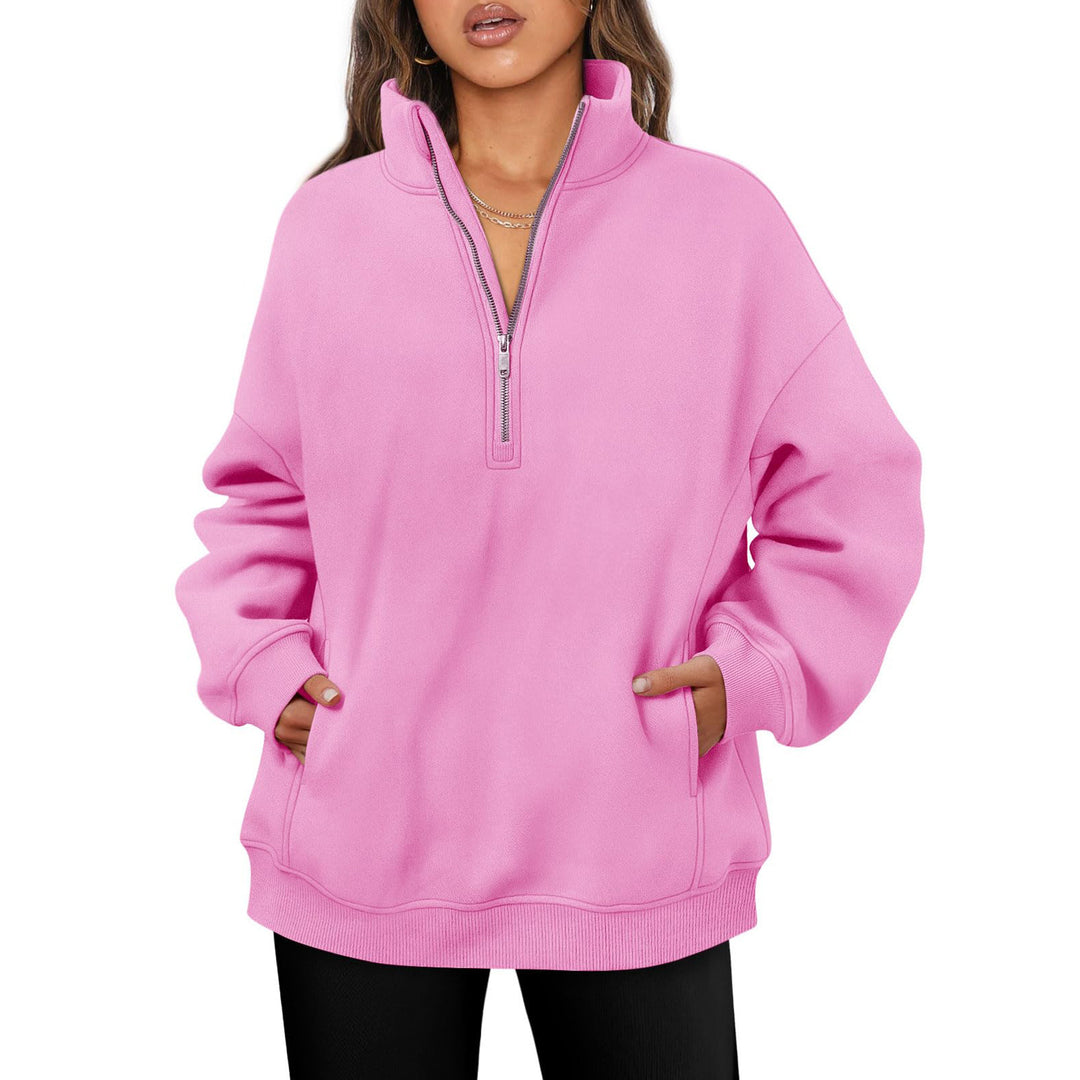 Damen nan oversized Halbzip-Pullover mit Stehkragen, Kängurutasche und Rippbündchen Shop Nory
