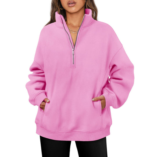 Damen nan oversized Halbzip-Pullover mit Stehkragen, Kängurutasche und Rippbündchen Shop Nory