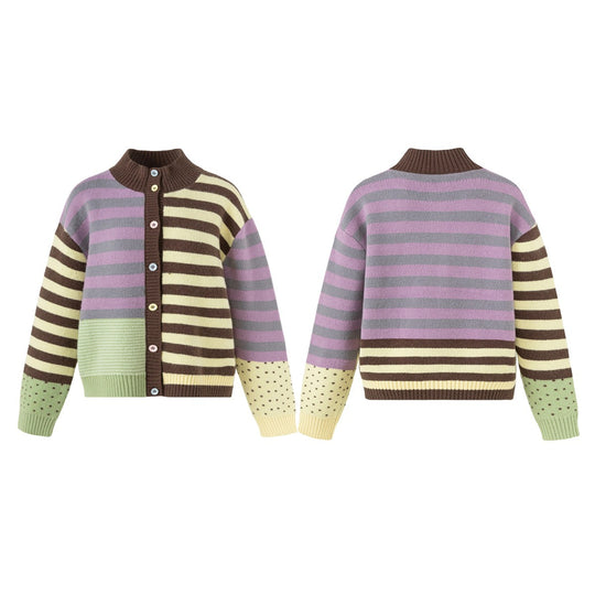 Damen Strickjacke im Patchwork-Streifenmix mit Stehkragen und Knopfleiste Shop Nory