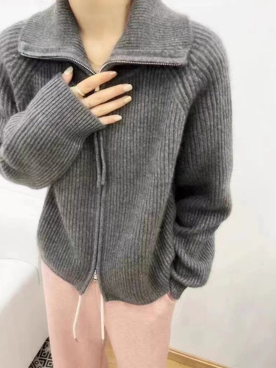 Damen Oversize-Strickjacke mit Reißverschluss, Stehkragen und gerippter Struktur Shop Nory