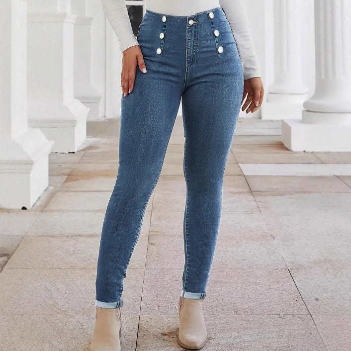 Damen Hochtaillierte, figurformende Skinny-Jeans mit doppelter Zierknopfleiste Shop Nory