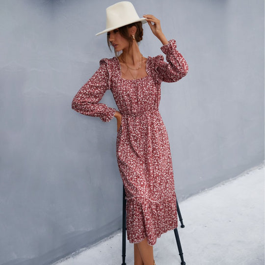 Damen Romantisches Midikleid mit quadratischem Ausschnitt, geraffter Taillenpassform und Stufenvolant Shop Nory