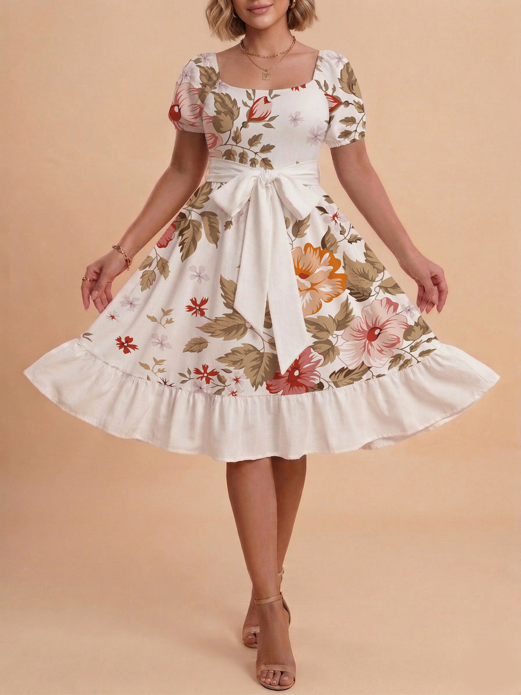 Damen Sommerliches Blumenkleid mit taillierbarem Gürtel und voluminösen Ärmeln