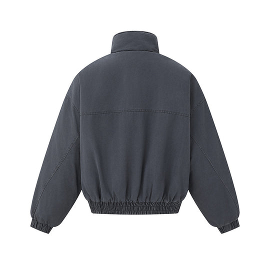 Unisex Boxy-Canvas-Blousonjacke mit hohem Stehkragen, diagonalem Nahtdesign und elastischem Saum Shop Nory