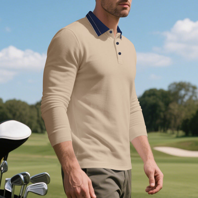 Herren elegantes Langarm-Polohemd mit kontrastierendem Kragen und modischen Knopfdetails