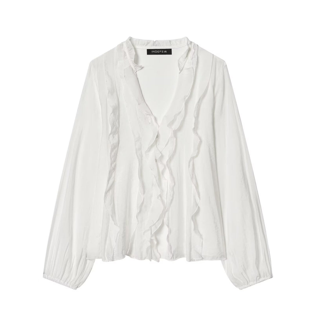 Damen Transparente Crinkle-Bluse mit Volantkragen, Rüschenfront und Ballonärmeln Shop Nory