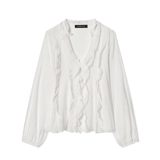 Damen Transparente Crinkle-Bluse mit Volantkragen, Rüschenfront und Ballonärmeln Shop Nory