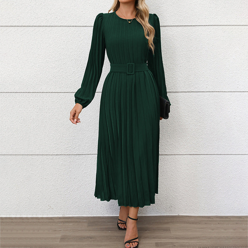 Damen Plissiertes Midikleid mit Taillengürtel, Puffärmeln und Rundhalsausschnitt Shop Nory