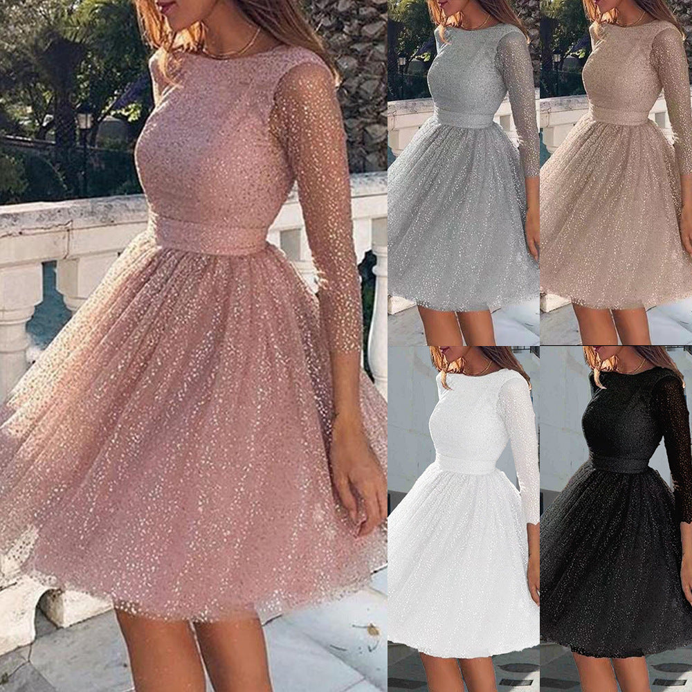 Damen Elegantes Tüllkleid mit Transparenten Ärmeln