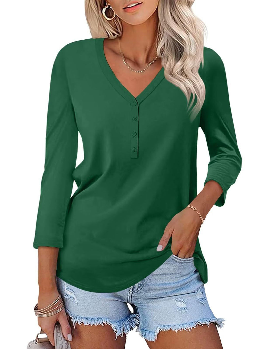 Damen Langarm T-Shirt mit Knopfleiste und V-Ausschnitt