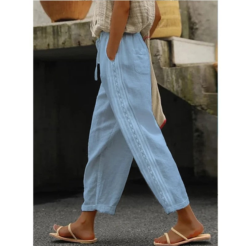Damen Leichte Leinenhose mit seitlicher Knopfdetail