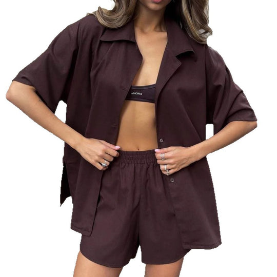 Damen kurzärmeliges Hemd- und Relax-Shorts-Set aus strukturiertem Leinenmix mit elastischem Bund Shop Nory