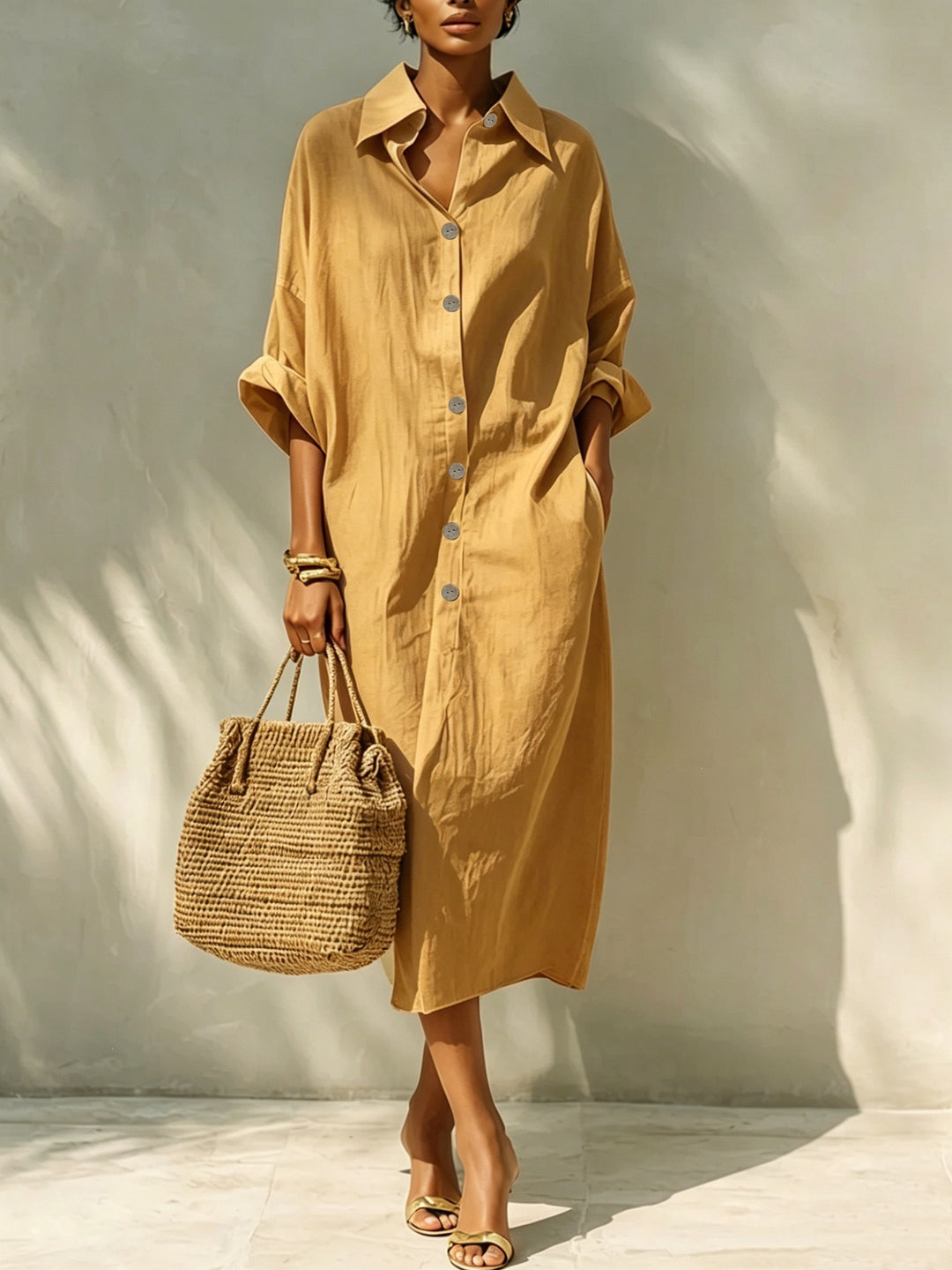 Damen Langes Oversize-Hemdblusenkleid mit Kentkragen und durchgehender Knopfleiste Shop Nory