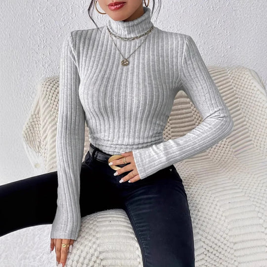 Damen Figurbetonter Rippstrick-Rollkragenpullover mit langen Ärmeln Shop Nory