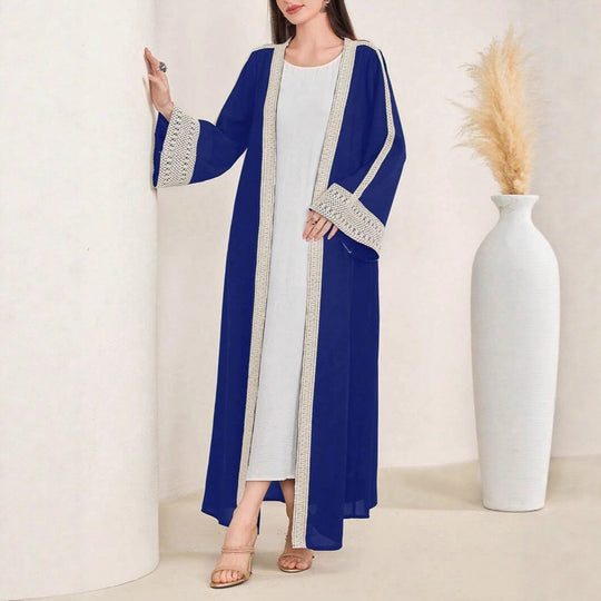 Damen Langes Open‑Front Kaftan‑Mantel mit Häkelspitzenbesatz Shop Nory