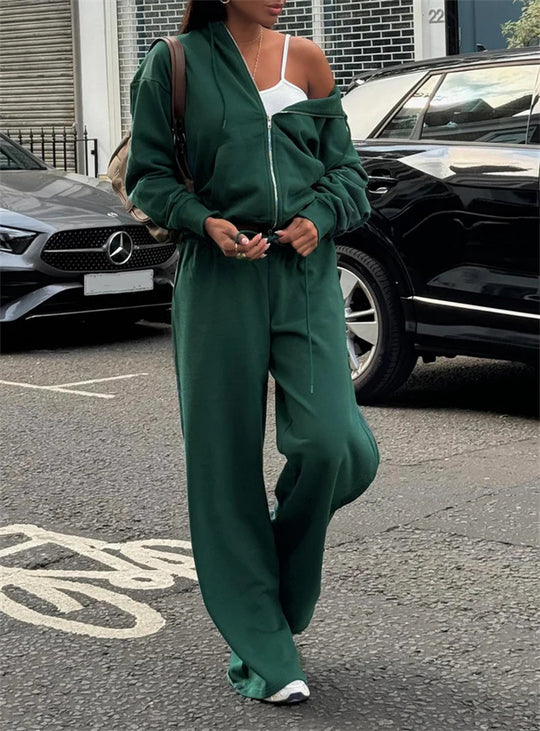 Damen gekürztes Kapuzen-Sweatshirt mit Oversize-Ärmeln und high-waist Wide-Leg Freizeithose Shop Nory