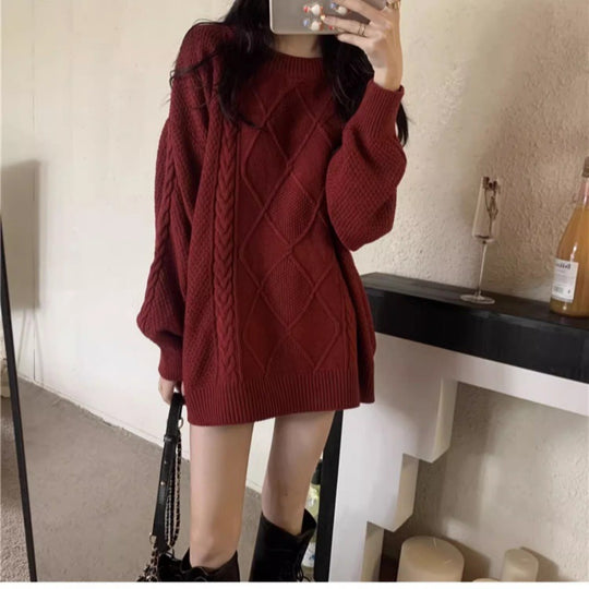 Damen Oversize Zopfmuster-Longpullover mit Rundhals und Ballonärmeln Shop Nory