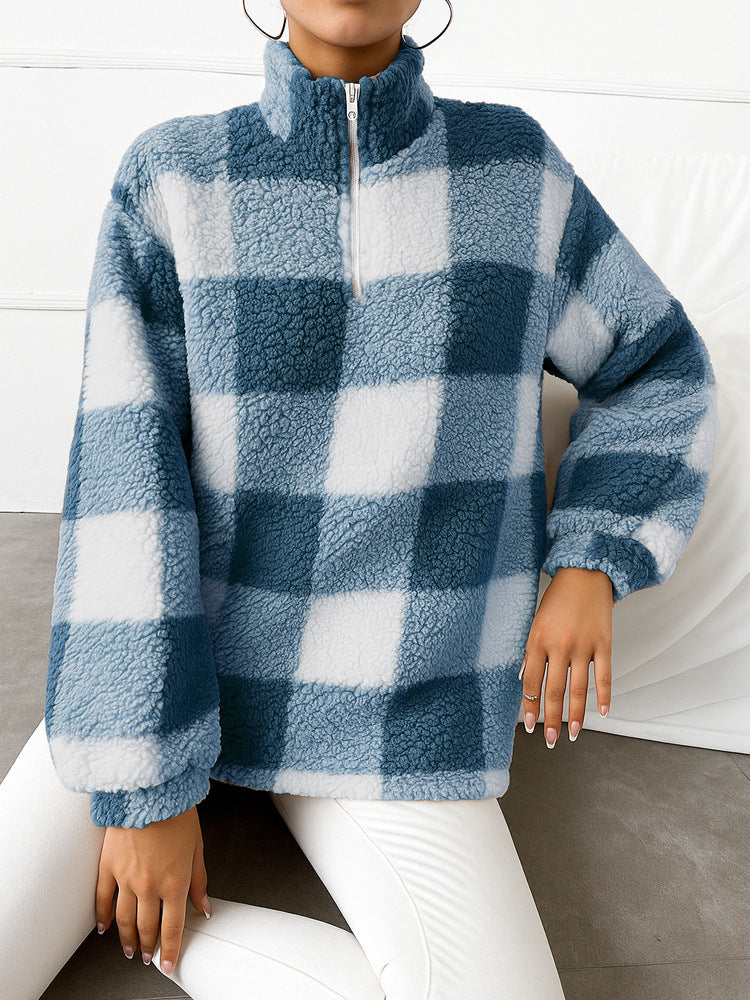 Damen nan kariertes Teddy-Fleece Pullover mit Stehkragen und halbhohem Reißverschluss Shop Nory
