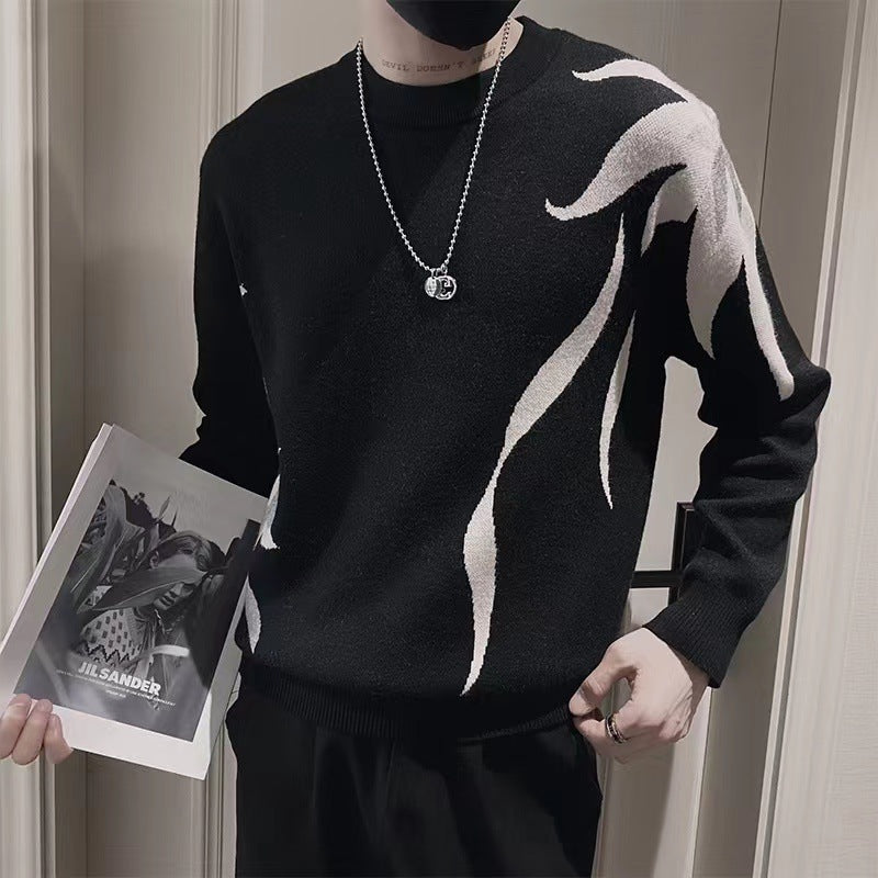 Herren Strickpullover mit abstraktem Flammen‑Jacquard und Rundhalsausschnitt Shop Nory