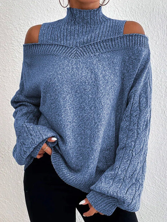 Damen nan schulterfreier Strickpullover mit Stehkragen und Zopfmusterärmeln Shop Nory