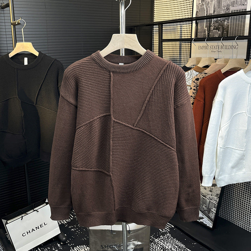 Herren Strukturierter Patchwork-Strickpullover mit Rundhals und gerippten Einsätzen Shop Nory