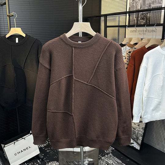 Herren Strukturierter Patchwork-Strickpullover mit Rundhals und gerippten Einsätzen Shop Nory