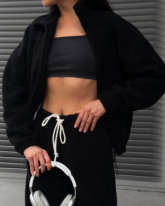 Damen Teddy-Fleece-Loungewear Set mit halbem Reißverschluss elastischem Tunnelzugbund und weitem Bein Shop Nory