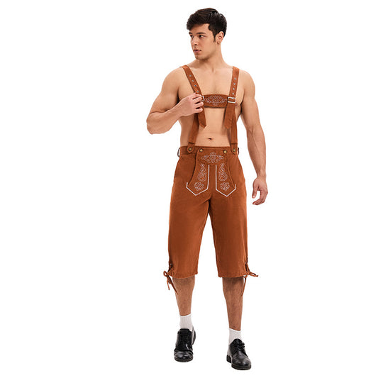 Herren nan knielange traditionelle Lederhose mit besticktem Brustlatz und verstellbaren Trägern Shop Nory