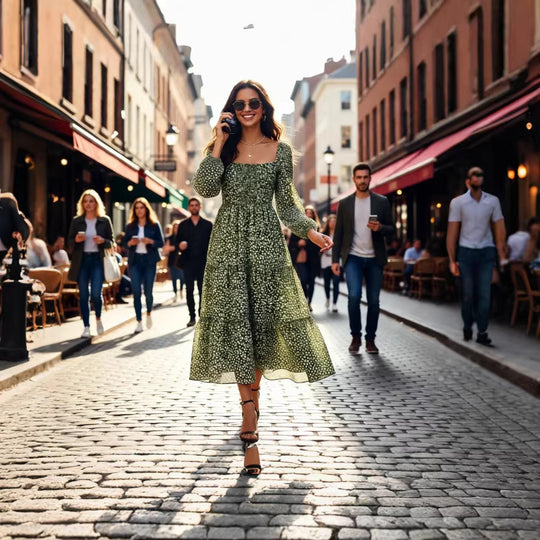Damen Midikleid mit quadratischem Ausschnitt, gerafftem Rückenteil und Stufenrock Shop Nory