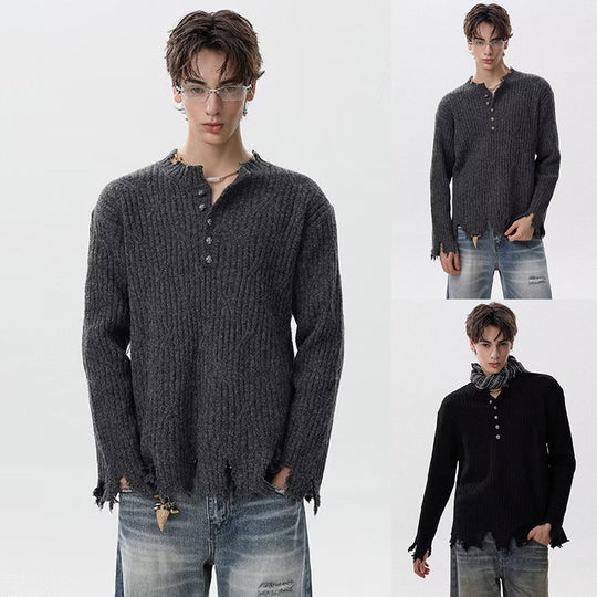 Herren Lässiger Grobstrickpullover mit Knopfleiste und rissigem Saum Shop Nory