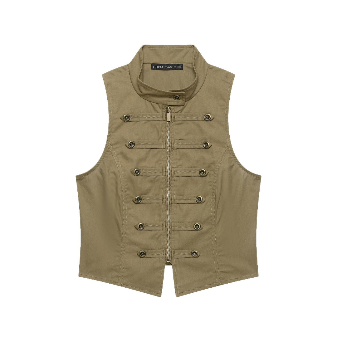 Damen Taillierte Canvas-Weste mit Frontreißverschluss und dekorativen Zierknopfleisten Shop Nory