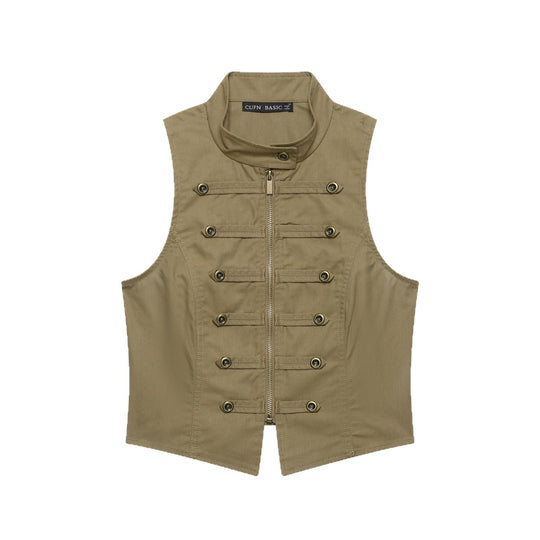 Damen Taillierte Canvas-Weste mit Frontreißverschluss und dekorativen Zierknopfleisten Shop Nory