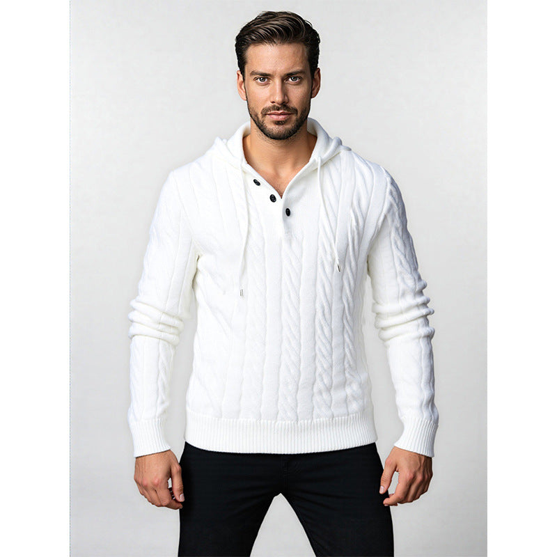 Herren Strukturiertes Zopfmuster-Kapuzenpullover mit Knopfleiste Shop Nory