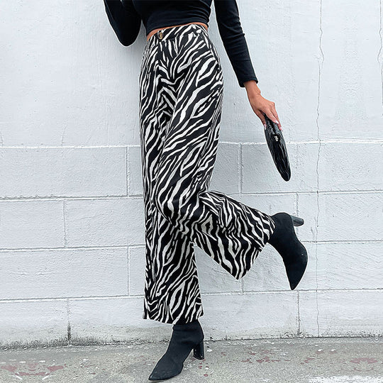 Damen Weite Palazzo-Hose mit Animal-Zebra-Muster, hohem Bund und Gürtelschlaufen Shop Nory