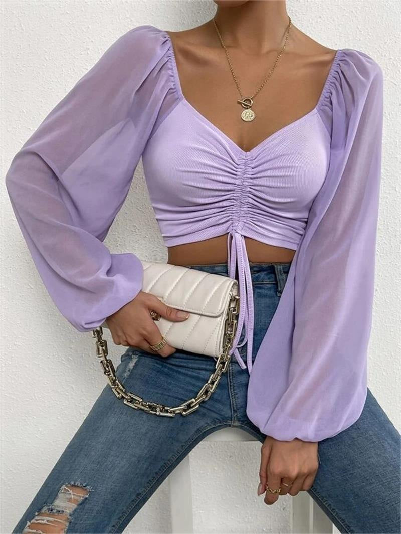 Damen Crop-Top mit strukturiertem Körper und eleganten Puffärmeln