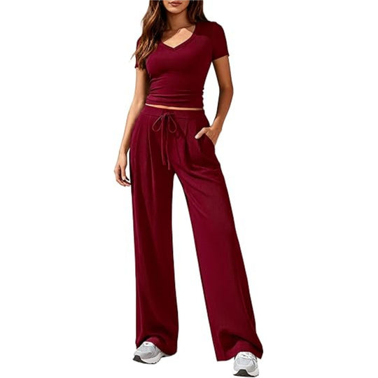 Damen Lässiges Lounge-Set mit tailliertem V-Ausschnitt bauchfreiem Top und weitem Kordelbund-Hose Shop Nory
