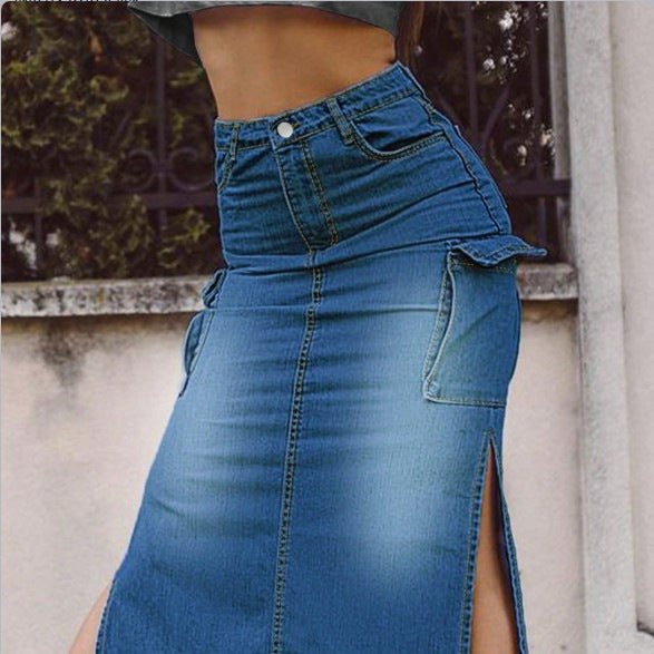 Damen Hochtaillierter Denim-Midirock mit Cargo‑Taschen, seitlichen Beinschlitzen und taillenbetonendem Schnitt Shop Nory