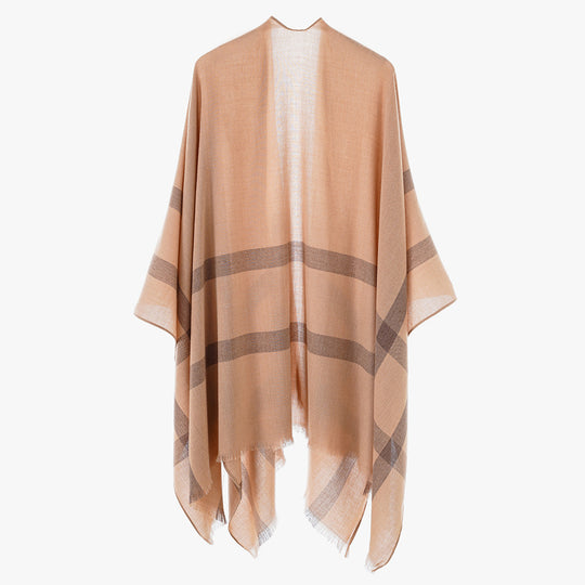 Damen Leichter V-Ausschnitt-Poncho aus feinem Gewebe mit diagonalen Kontraststreifen Shop Nory
