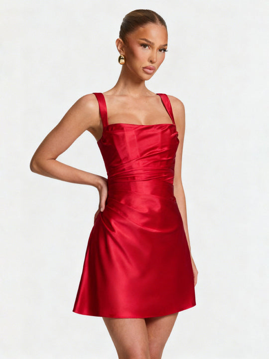 Damen Elegantes Cocktailkleid mit schickem Quadrat-Ausschnitt und fließendem Satin